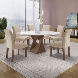 Conjunto Mesa Barcelona 120cmx120cm 6 Cadeiras Espanha Tampo Plus Redondo Vidro Yescasa Chocolate Off White Bege Claro