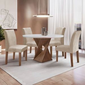 Conjunto Mesa Barcelona 100cmx100cm 4 Cadeiras Espanha Tampo Slim Plus Redondo Yescasa Chocolate Off White Bege Claro
