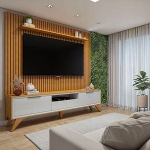 Conjunto Rack áustria 220cm Com Painel Ripado Para Tv De Até 75 Polegadas Paris Naturalle Off White