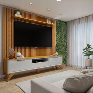 Conjunto Rack áustria 220cm Com Painel Ripado Com Led Para Tv De Até 75 Polegadas Paris Naturalle Off White