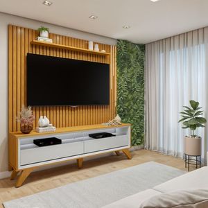 Conjunto Rack áustria 180cm Com Painel Ripado Com Led Para Tv De Até 75 Polegadas Paris Naturalle Off White