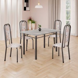 Conjunto De Mesa Retangular A 120x75cm Tampo Granito Topázio 4 Cadeiras Lavínea Botanic Bege Mart Prata