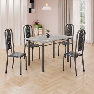 Conjunto De Mesa Retangular A 120x75cm Tampo Granito Topázio 4 Cadeiras Lavínea Preto Floral Mart Prata