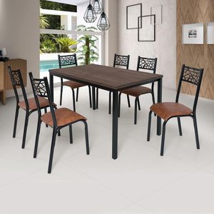 Conjunto Jade Flex 1,36m Tampo Laminado Com 6 Cadeiras Preto Fosco Caramelo Amendoa