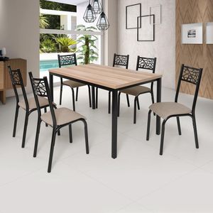 Conjunto Jade Flex 1,36m Tampo Laminado Com 6 Cadeiras Preto Fosco Bege Carvalho