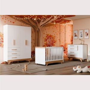 Quarto De Bebê Completo Com Guarda Roupa Cômoda E Berço 100% Mdf Kakau Retrô Espresso Móveis Branco Brilho-amêndoa