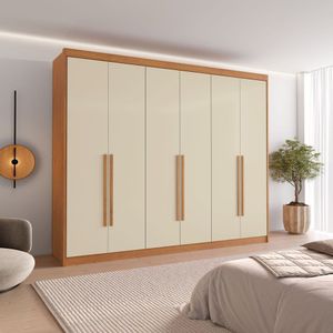 Guarda Roupa Casal 6 Portas Com Puxador De Madeiras 8 Gavetas Cinamomo-off White