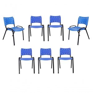 Kit 7 Cadeiras Iso Para Escola Escritório Comércio Azul Base Preta