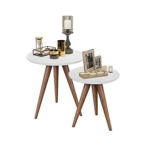 Conjunto Mesa Lateral De Apoio Retrô Pés Palito Off White