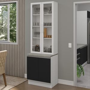 Kit Balcão + Cristaleira 70cm Branco Preto Glamy Madesa 01 Branco Preto