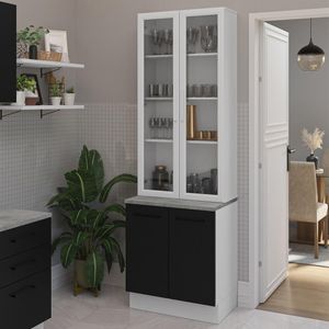 Kit Balcão + Cristaleira 70cm Branco Preto Agata Madesa 01 Branco Preto