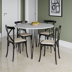 Mesa Jantar Redonda Branca Elen 110cm Hairpin Com 4 Cadeiras Katrina Preta Branco