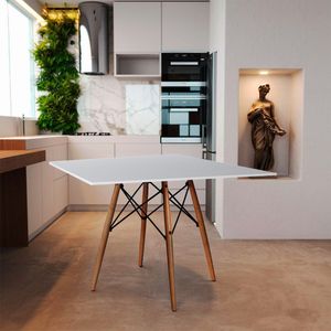 Mesa De Jantar Quadrada Eames Eiffel 90cm Branca Base Madeira Branco