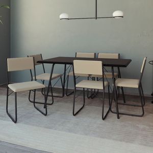 Mesa Jantar Paraty 150cm Tampo Preto Com Cadeiras 6 Cadeiras Angra Estofadas Preta E Bege Preto