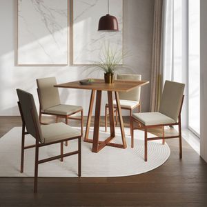 Conjunto De Jantar Mesa Mônaco 90cm Tampo Imbuia Com 4 Cadeiras Bege Base Cobre Preto