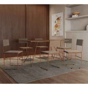 Mesa Jantar Retangular Industrial Trama 1,50x0,90m Amêndoa 6 Cadeiras Estofadas Bege E Cobre Vitória Marrom