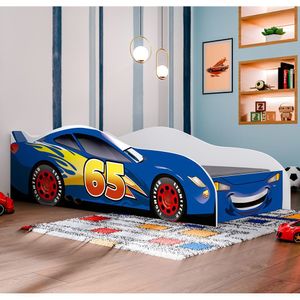 Conjunto Cama Carro Infantil Com Proteção Lateral MDF Com Colchão Azul