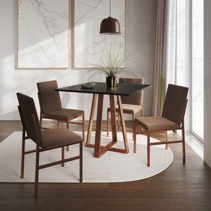 Conjunto De Jantar Mesa Mônaco 90cm Tampo Preto Com 4 Cadeiras Marrom Base Cobre Preto