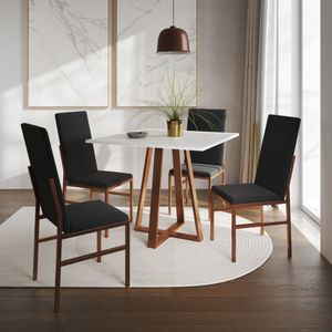 Conjunto De Jantar Mesa Mônaco Premium 90cm Branca Com 4 Cadeiras Estofadas Pretas Base Cobre Preto