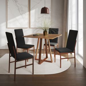 Conjunto De Jantar Mesa Mônaco Premium 90cm Imbuia Com 4 Cadeiras Estofadas Pretas Base Cobre Preto