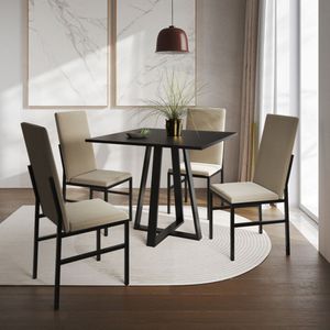 Conjunto De Jantar Mesa Mônaco Premium 90cm Preta Com 4 Cadeiras Estofadas Bege Preto