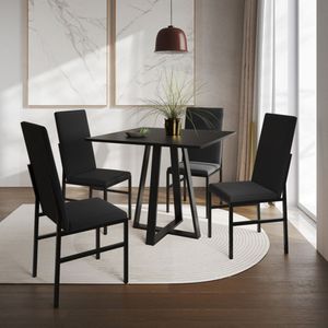 Conjunto De Jantar Mesa Mônaco Premium 90cm Preta Com 4 Cadeiras Estofadas Pretas Preto