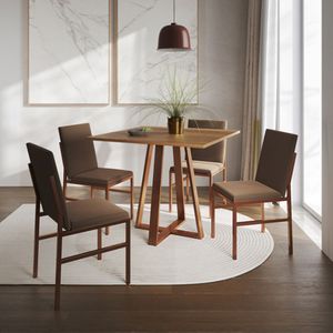 Conjunto De Jantar Mesa Mônaco 90cm Tampo Imbuia Com 4 Cadeiras Marrom Base Cobre Preto
