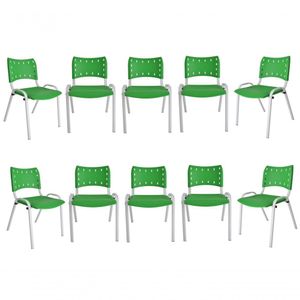 Kit 10 Cadeiras Iso Para Escola Escritório Comércio Verde Base Branca