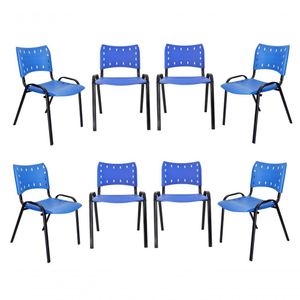 Kit 8 Cadeiras Iso Para Escola Escritório Comércio Azul Base Preta