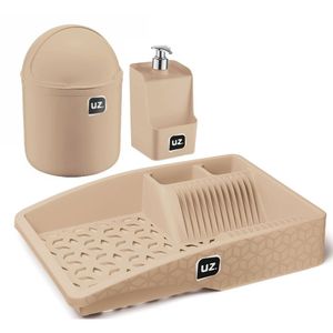 Kit Pia Cozinha 3 Peças Dispenser Lixeira Escorredor Uz Capucino