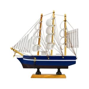 Miniatura Barco Navio De Madeira Veleiro Azul Enfeite 22cm