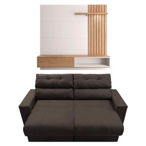 Sofá 3 Lugares Cama Inbox Clean Assento Retrátil + Painel Café