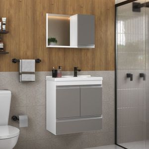 Conjunto Gabinete Banheiro Fox 60cm (gabinete + Cuba + Espelheira) Branco Cinza