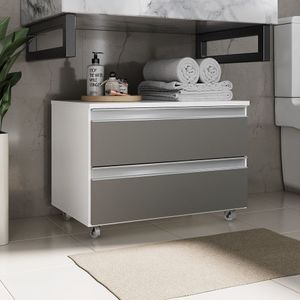 Gabinete Banheiro Rodinhas Joia 60cm 02 Gavetas Branco Cinza