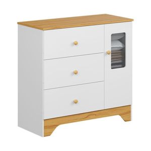 Cômoda Infantil 1 Porta Com Janela Retangular E 3 Gavetas 100% Mdf Cocada Branco Brilho amêndoa