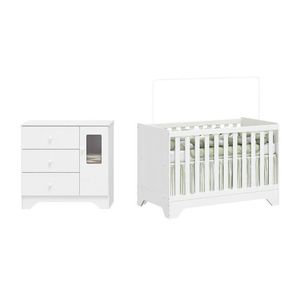 Quarto De Bebê Cômoda 1 Porta Com Janela E Berço Minicama 100% Mdf Ravy Espresso Móveis Branco Brilho