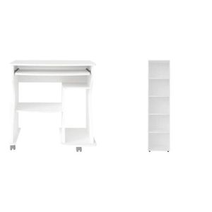 Kit 2 Peças Com Escrivaninha Para Computador Cpu E Estante Para Livros 5 Prateleiras Branco