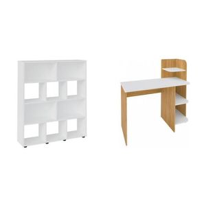 Kit 2 Peças Com Escrivaninha Com Nichos E Estante Para Livros 10 Nichos Carvalho-branco