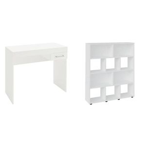 Kit 2 Peças Com Escrivaninha Com Gaveta E Estante Para Livros 10 Nichos Branco
