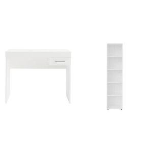 Kit 2 Peças Com Escrivaninha Com Gaveta E Estante Para Livros 5 Prateleiras Branco
