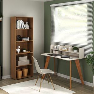 Kit 2 Peças Com Escrivaninha 120cm E Estante Para Livros Com 5 Prateleiras Off White cedo