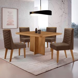 Mesa Olimpia 90 Mdf Canto Copo E Com 4 Cadeiras Safira Veludo Marrom/naturalle/naturalle