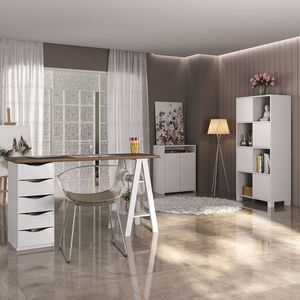 Kit 3 Peças Com Escrivaninha Moderna Com Pés De Cavalete, Armário Com Nichos E Balcão 2 Portas Nogal Branco