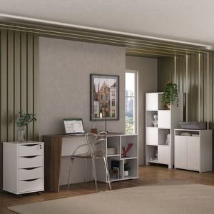 Kit 4 Peças Com Escrivaninha Moderna Gaveteiro Bit Armário Com Nichos E Balcão Multiuso 2 Portas Ipê Branco