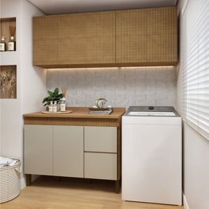 Lavanderia Modulada Balcão E 2 Armários Aéreos Com Portas Frisado Dakota Cinamomo Off White