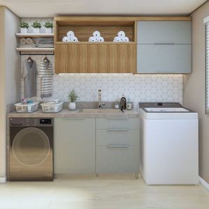 Lavanderia Modulada Com 2 Armários Aéreos E 1 Balcão 1 Porta 100% MDF Nature Verde