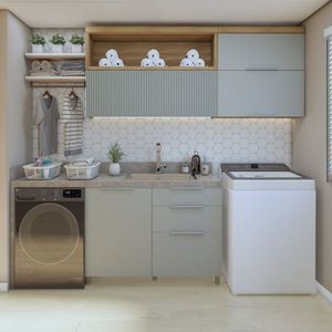 Lavanderia Modulada Com 2 Armários Aéreos E 1 Balcão 1 Porta 100% MDF Nature Verde
