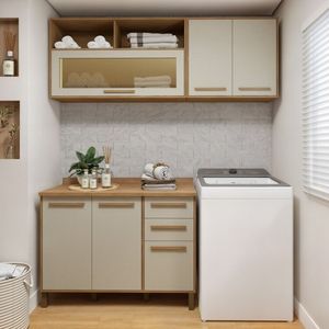 Lavanderia Modulada Com 2 Armários Aéreos E Balcão 3 Portas Salvador Cinamomo Off White