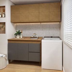 Lavanderia Modulada Balcão E 2 Armários Aéreos Com Portas Frisado Dakota Cinamomo Grafite