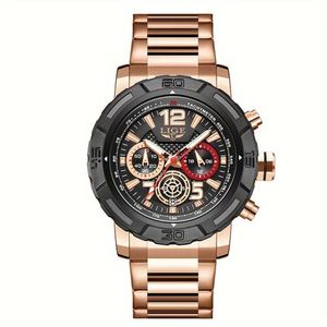 Relógio De Quartzo Masculino Em Aço Inoxidavel Design Esportivo á Prova D´agua Rosa Preta